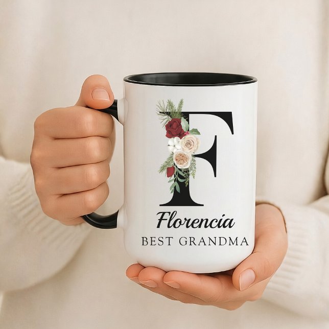 Cadeau de tasse personnalisée avec monogramme flor (Personalized Floral Alphabet Mug Gift for Mom, Teacher, Nurse, Doctor, Coworker, Boss or Bridesmaid)