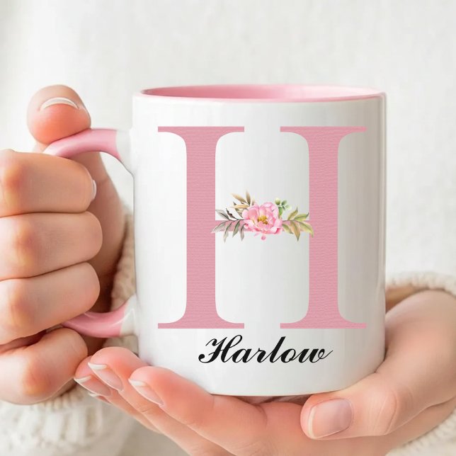 Cadeau de tasse personnalisée avec monogramme flor (Custom Pink Floral Monogram Mug Gift for Her, Wildflower Initial Name Mug Birthday Gift for Her Mom)