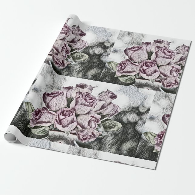 Cadeau Dessin de roses roses rose papier d'enrobage (Déroulé)