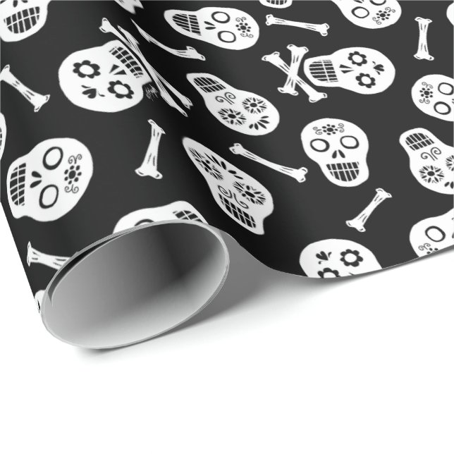 Cadeau Dia de los Muertos Crânes de papier noir et blanc (Coin rond)