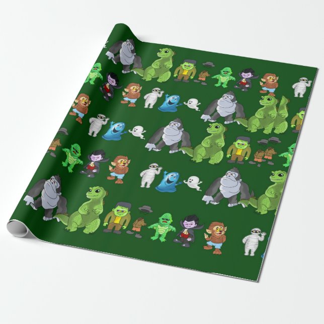Cadeau Dix Petits Monstres Enveloppant Papier (Vert) (Déroulé)