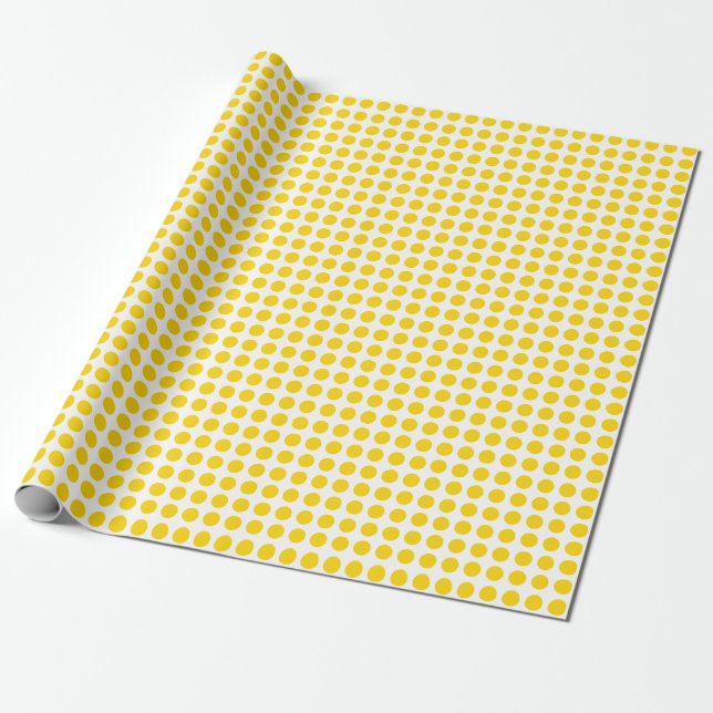 Cadeau Dots jaunes d'or sur papier à envelopper blanc (Déroulé)
