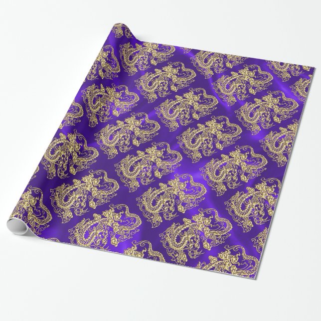 Cadeau Dragon d'or embouti sur papier satin violet (Déroulé)