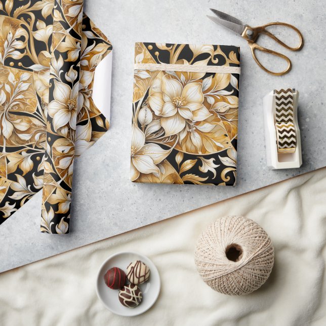 Cadeau Élégant ivoire et B ; ack papier de tissus floral (Artisanat)