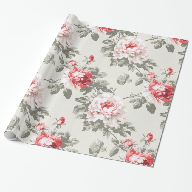 Cadeau Élégant papier d'emballage floral rose vintage (Déroulé)