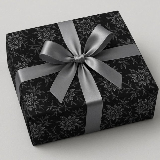 Cadeau Élégant papier Mariage noir floral foncé (elegant gothic or dark theme wedding gift wrap.  Black with crystal floral accent)