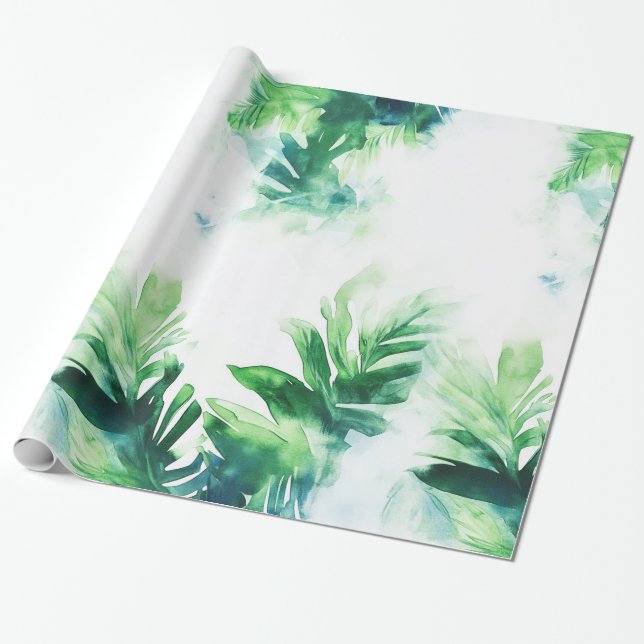 Cadeau Élégant papier vert feuilleté tropicale (Déroulé)