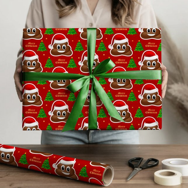 Cadeau émoticône de noël avec papier d'emballage de chape (christmas poop emoji with santa hat wrapping paper)