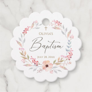 Cadeau Étiquettes de baptême Fille Rose Floral à festons
