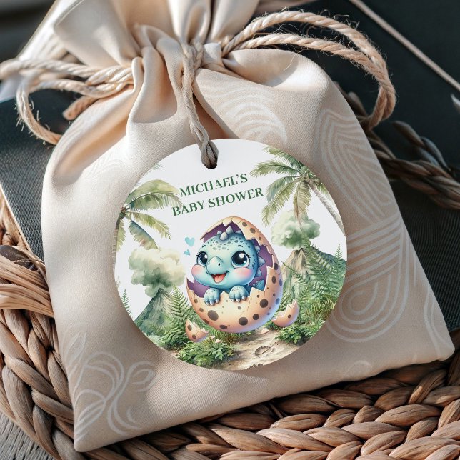 Cadeau Étiquettes de faveur de douche pour bébé Dino mign (Cute Hatching Soon Baby Dino Shower Favor Tags)