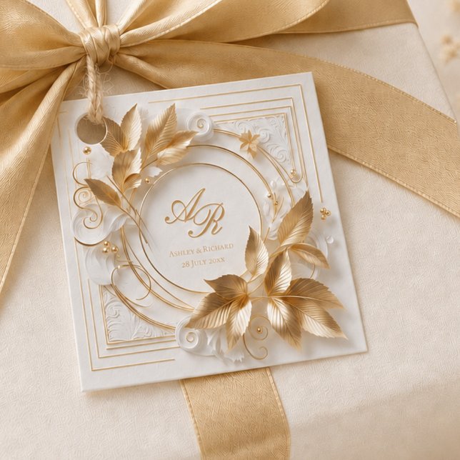 Cadeau Étiquettes de Faveur de Mariage à Monogramme Doré  (elegant ivory gold botanical monogram wedding favor tag with custom names and wedding date)