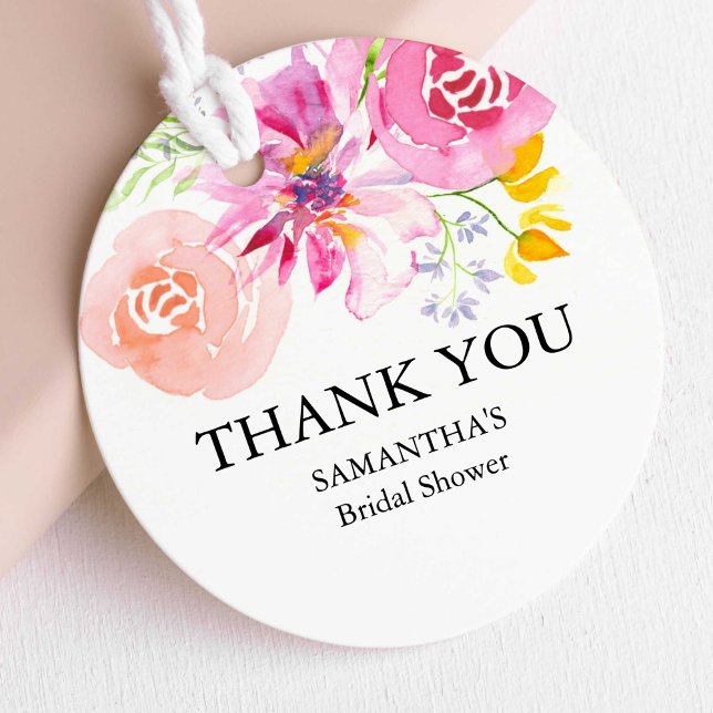 Cadeau Étiquettes de faveur personnalisées Fleurs aquarel (Bridal shower favor tags feature unique watercolor pink floral art by Victoria Grigaliunas )