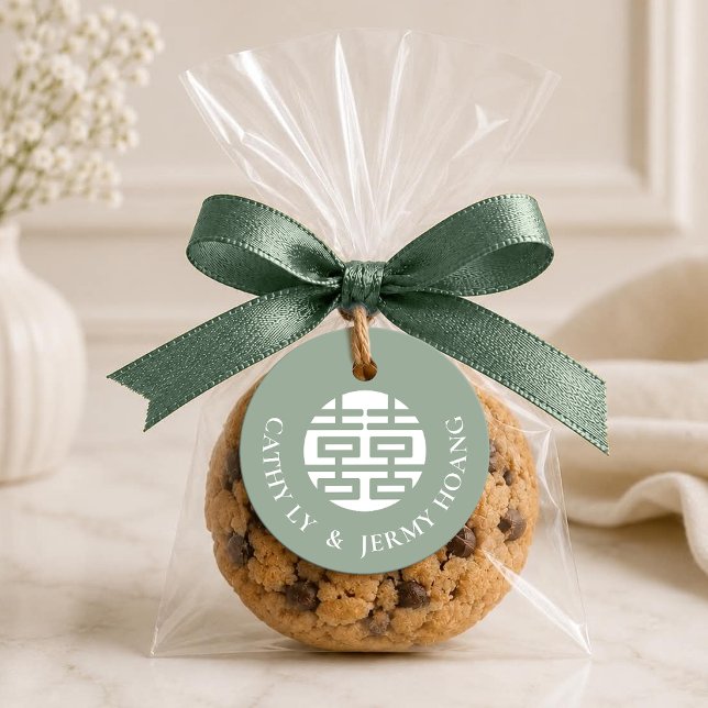 Cadeau Étiquettes de mariage Double Bonheur Vert Poussiér (Créateur téléchargé)