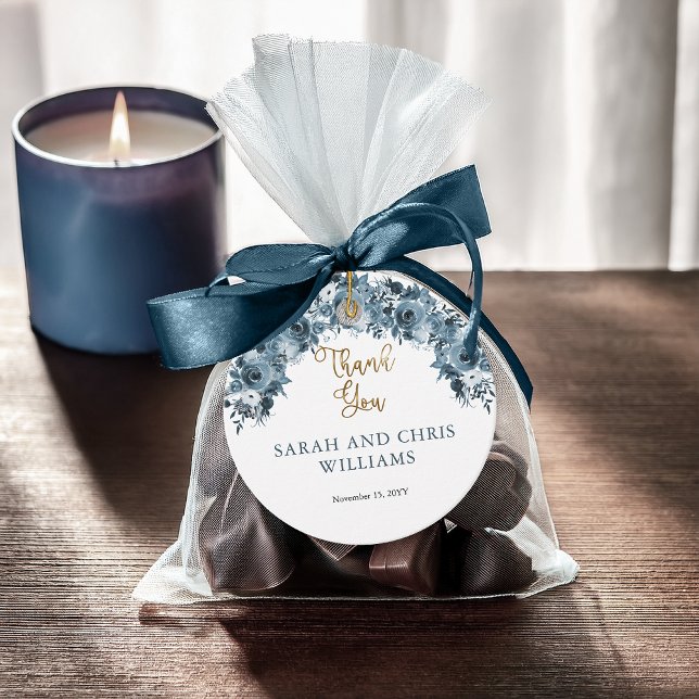 Cadeau Étiquettes de remerciement florales aquarelles or  (Elegant Blue Gold Tone Watercolor Floral "Thank You" Favor Tags -- Baptism, Wedding, Bridal)