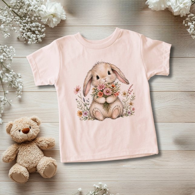 Cadeau fantaisiste pour fillettes de fleurs de lap (Cute adorable whimsical baby bunny with watercolor florals toddler girls t-shirt. Baby sizes also)