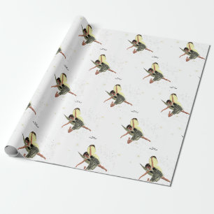 Cadeau Fée Fille Avec Des Ailes Jaunes Enveloppant Papier