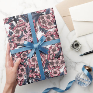 Cadeau Fleur de cerise en papier d'emballage rose et bleu