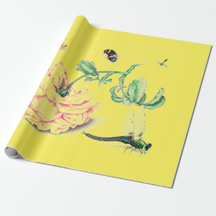 Cadeau FLEURS chinoises AVEC INSECTES PAPIER JAUNE EN LAV