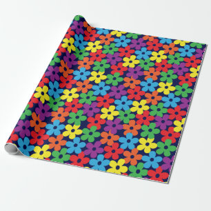 Cadeau Fleurs colorées sur le papier d'emballage de bleu