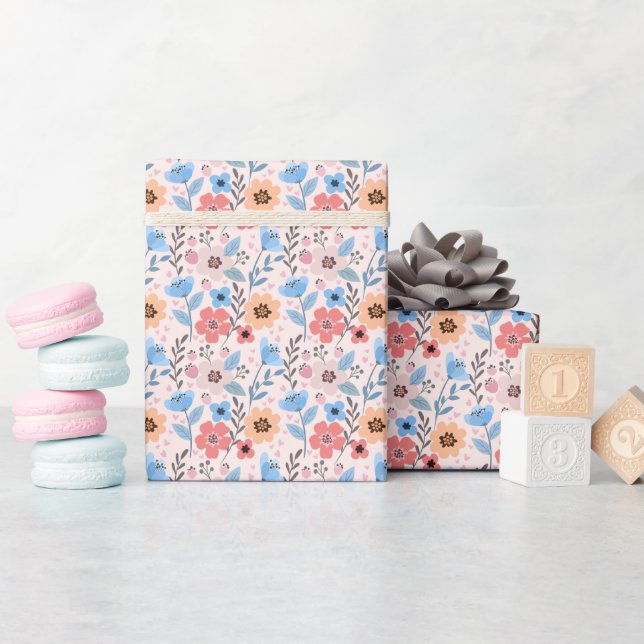 Cadeau Fleurs douces & Petits Coeurs Envelopper Papier Ro (Baby Shower)