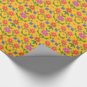 Cadeau Fleurs et Pois sur papier d'enveloppement jaune