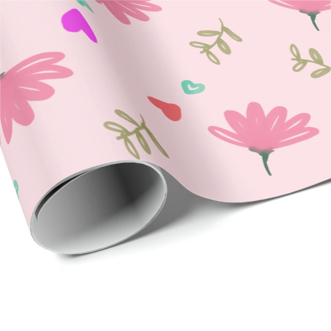 Cadeau Fleurs Roses Avec Coeurs Enveloppant Papier (Coin rond)