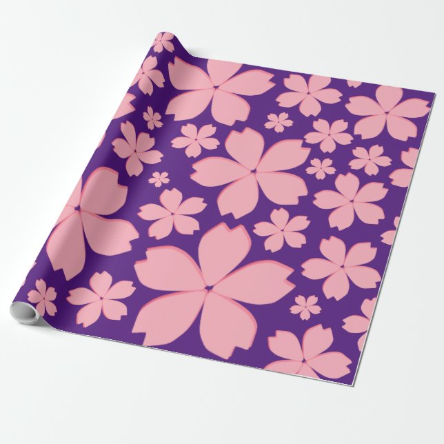 Cadeau Fleurs roses sur papier à envelopper violet (Déroulé)