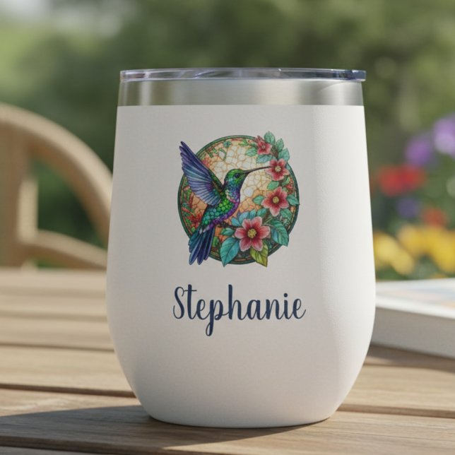 Cadeau floral en verre teinté de colibri (Stained glass personalized floral hummingbird wine tumbler)
