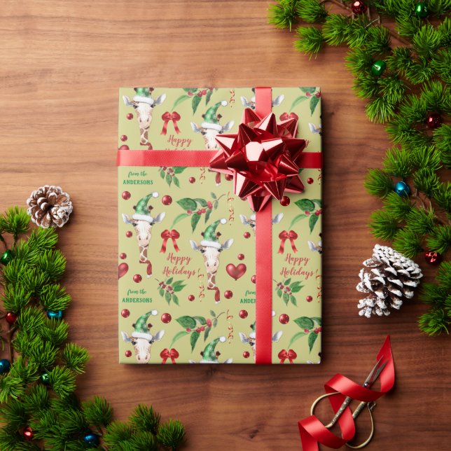 Cadeau Funny Giraffe Santa Hat Holly papier d'enveloppeme (Cadeau de vacances)
