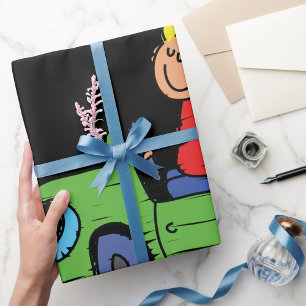 Cadeau Garçon Dans Une Voiture Verte Papier D'emballage