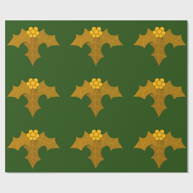 Cadeau Gold Holly sur papier d'enveloppement vert foncé (Plat)