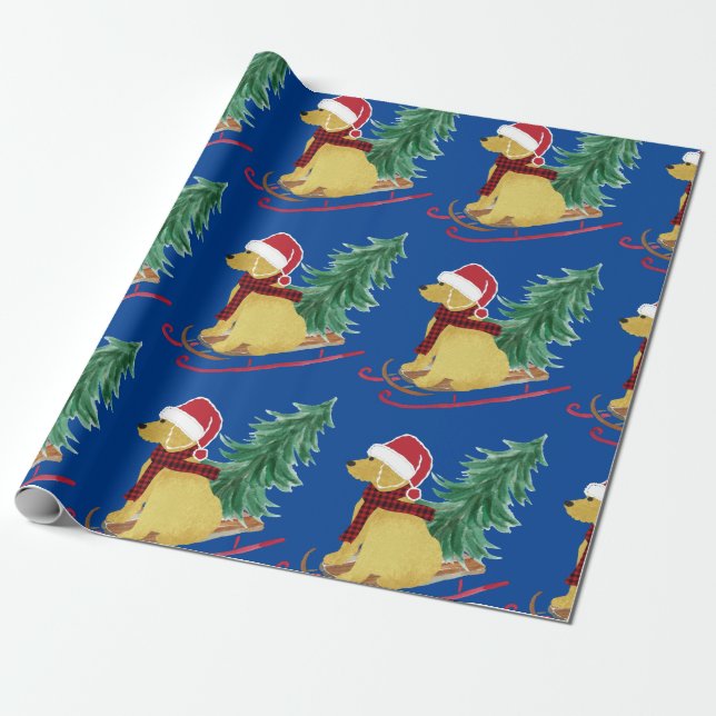 Cadeau Goldendoodle Christmas Sled Blue Wrapper Papier (Déroulé)