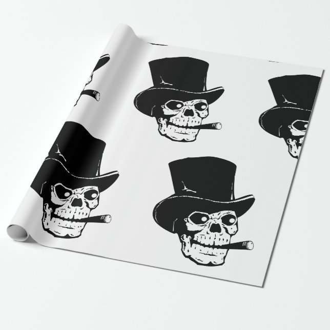 CADEAU HALLOWEEN WRAPPER PAPIER SKULL AVEC HAUT CHAPEAU (Déroulé)