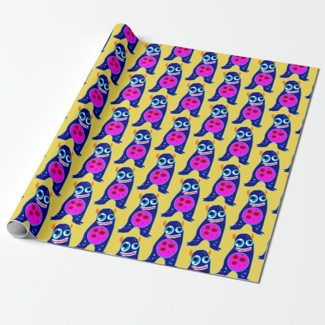 Cadeau HEUREUX MONSTER BLEU MONSTER Wrapper Papier (Déroulé)