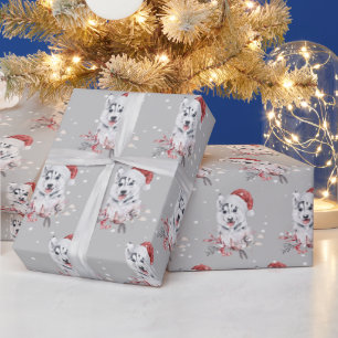 Cadeau Husky de Noël avec papier d'enveloppement de chape