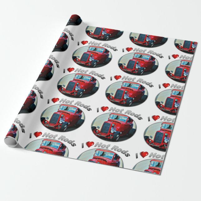 Cadeau I hot rod de coeur - papier d'emballage mat, 30" x (Déroulé)