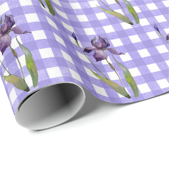 Cadeau Iris violet sur papier d'emballage En vichy (Coin rond)