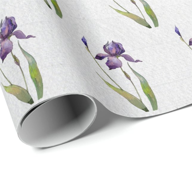 Cadeau Iris violet sur papier d'enveloppement en bois gri (Coin rond)