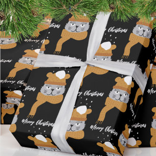 Cadeau Joli papier d'emballage de Noël avec un chat d'hiv