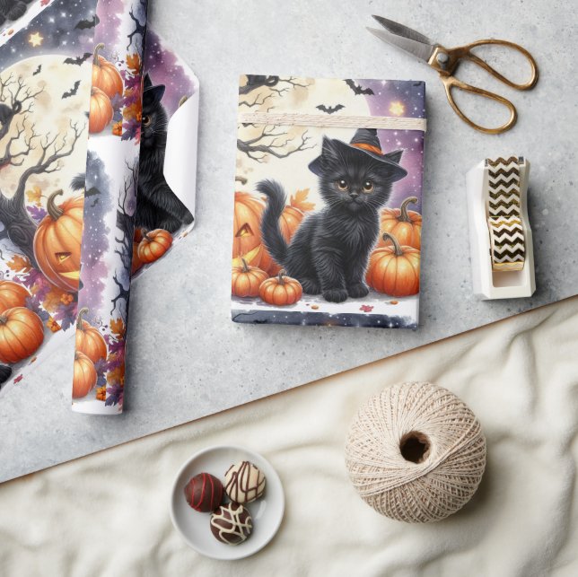 Cadeau Joli papier d'emballage Halloween avec chat noir m (Artisanat)