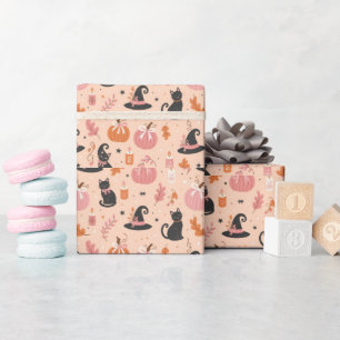 Cadeau Joli papier d'emballage rose Halloween avec chats