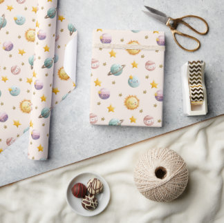 Cadeau Joli papier d'emballage spatial avec planètes et é