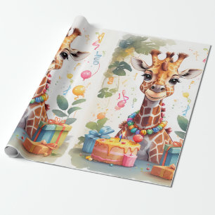 Cadeau Joyeuse Giraffe avec cadeaux et gâteau   Papier d'