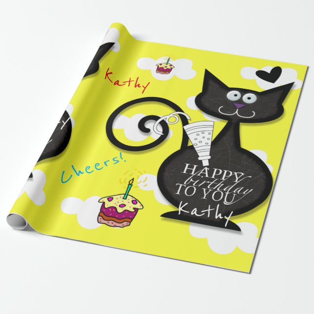 Cadeau Joyeux Anniversaire Papier à envelopper Chat Dame  (Déroulé)