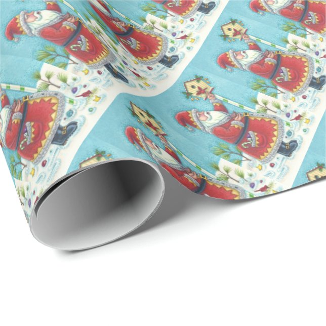 CADEAU KRIS KRINGLE & CARDINAL BIRDHOUSE WRAPPER PAPIER (Coin rond)