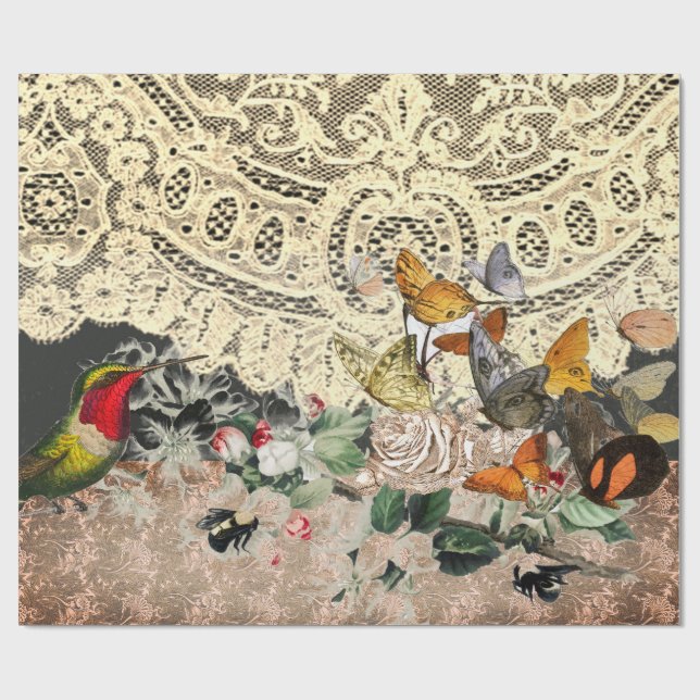 Cadeau LACE D'OISEAU HUMMINGBIRD ET Papier À FLEURS (Plat)