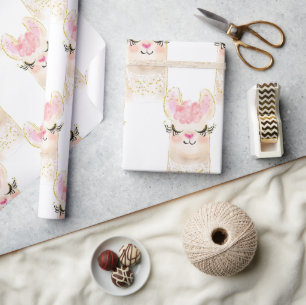 Cadeau Llama Aquarelle rose or rose papier d'enveloppemen