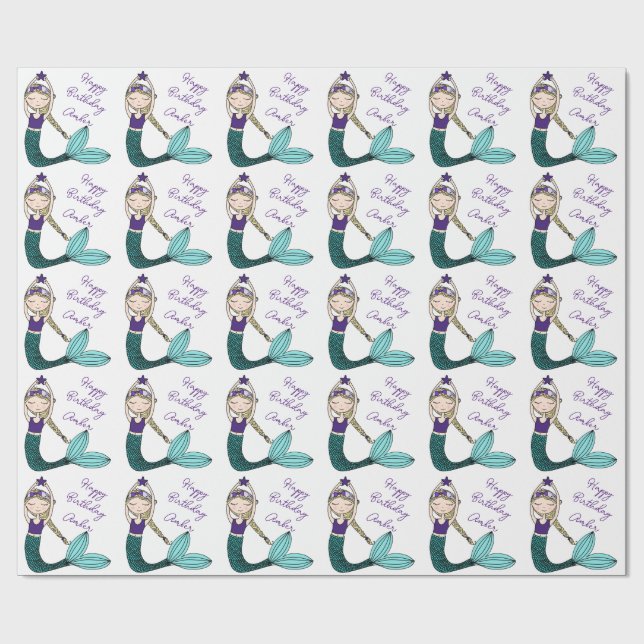 Cadeau Mermaid papier d'emballage d'anniversaire, fille s (Plat)