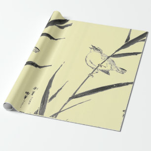 CADEAU MOINEAUX SUR BRANCHES PAPIER D'EMBALLAGE JAUNE
