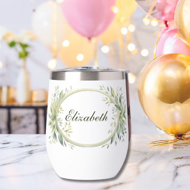 Cadeau Monogramme personnalisé vert Bridesmaid (Greenery Botanical Eucalyptus Monogrammed Personalized Bridesmaid gift wine tumbler)